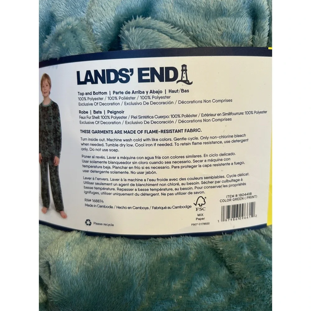 NWT Lands End Youth 3-Piece Sleep Set Hooded Robe Pajama Green Camo S 7/8 Fleece